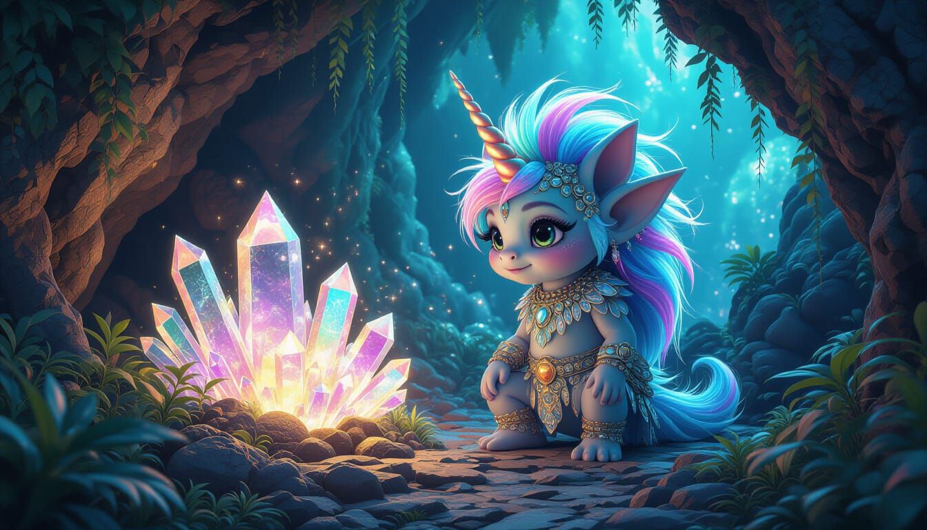 A baby unicorn troll guards a cave full of glowing crystals and secrets.