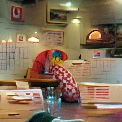 Sad clown working in a pizza restaurant