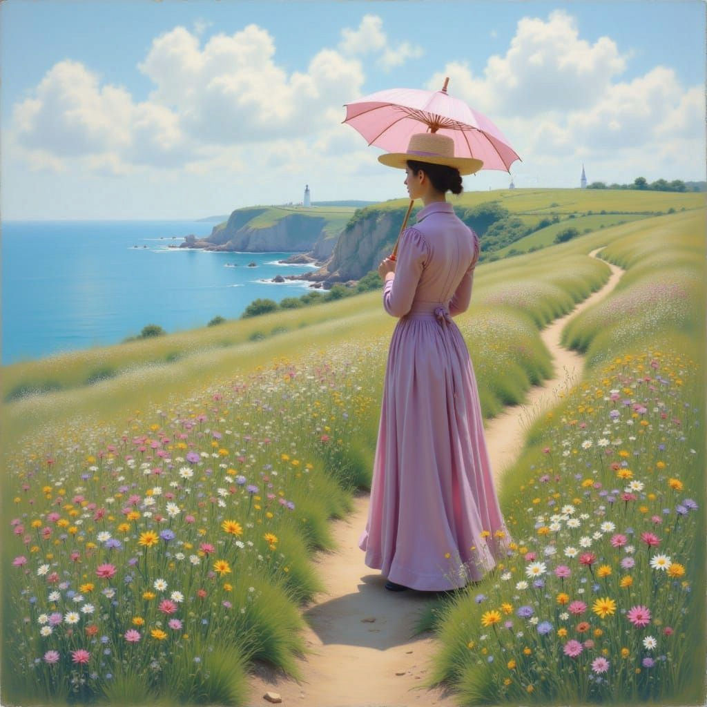 Imagine a 19th century landscape as seen from a wildflower-bedecked hill overlooking a bay. In the foreground a woman stands holding a paras...