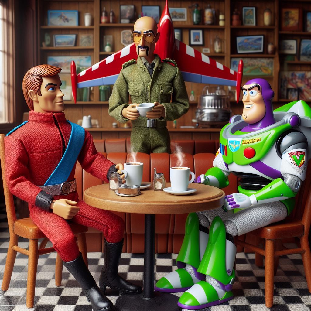 Thunderbirds are Go marionettes at a cafe having coffee with Buzz ...