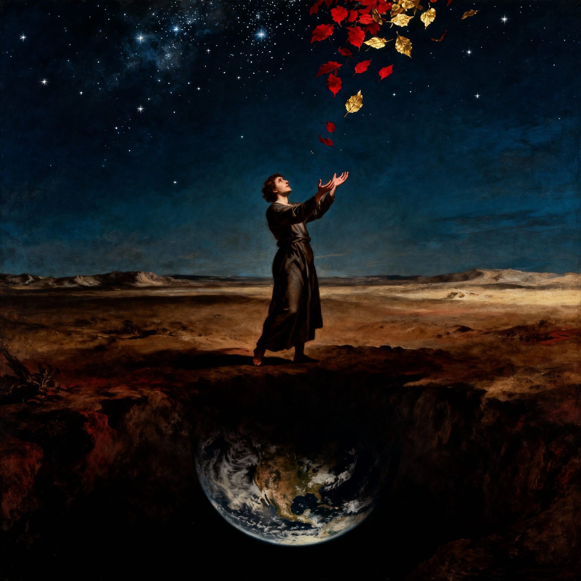 The leaves fall, fall as from far,
Like distant gardens withered in the heavens;
They fall with slow and lingering descent.

And in the nigh...