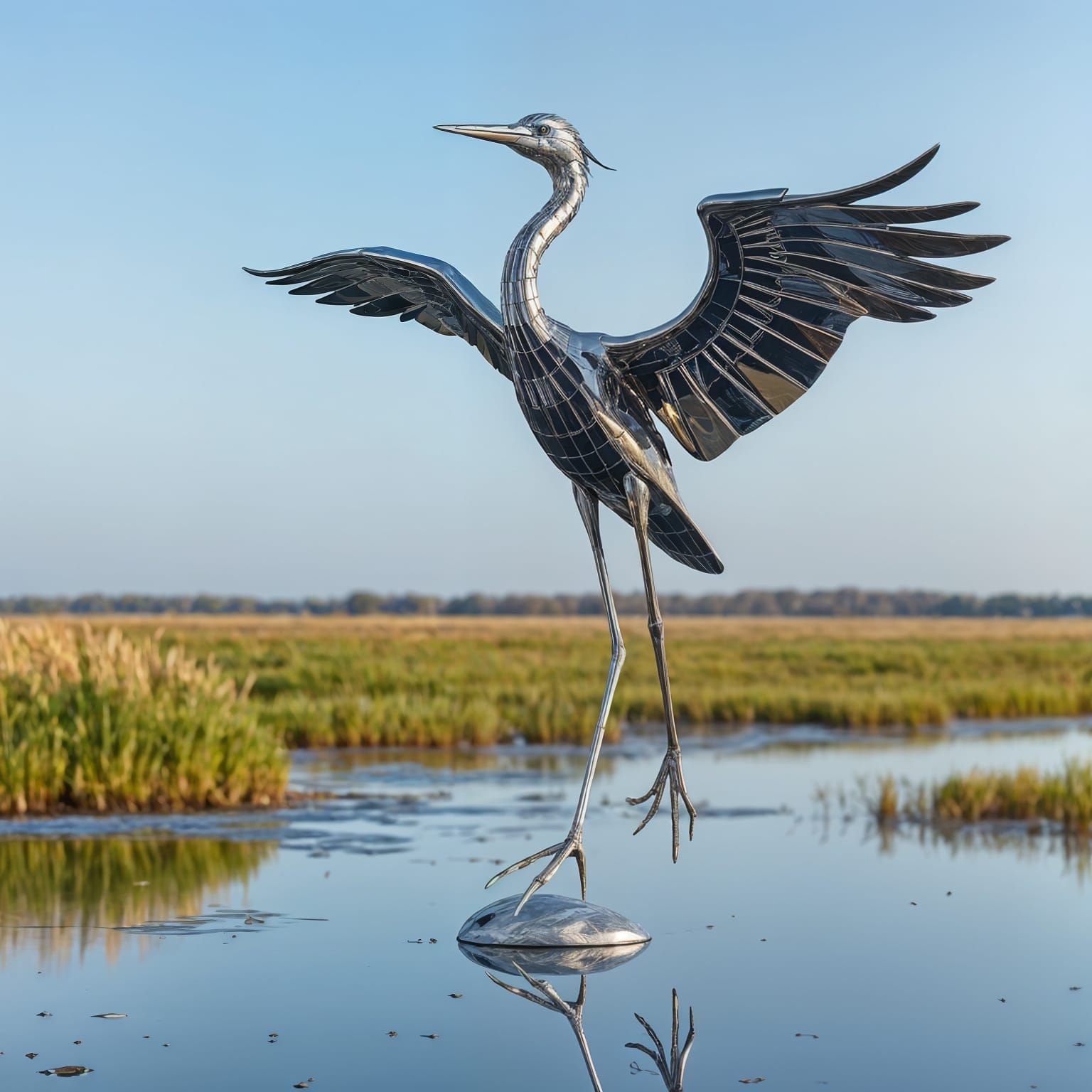 Chrome Art Installation - Sculptural Chrome Bird in Reflecti...