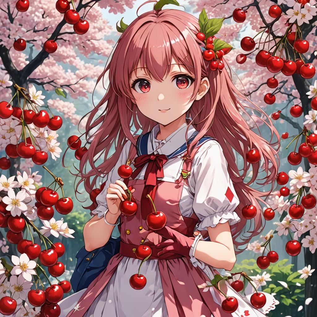 Anime Style Cherry Girl Digital Art