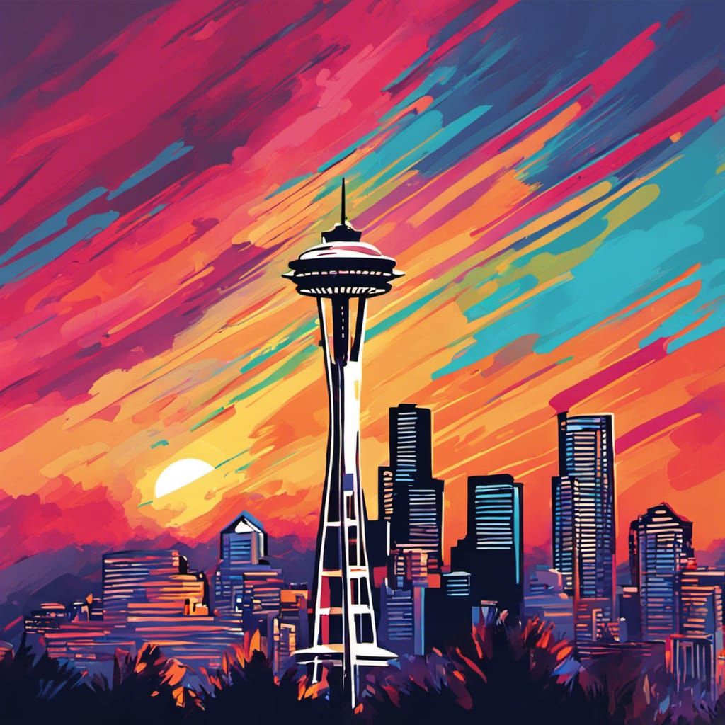 Stylized painting of Seattle Space Needle at sunset. Fine