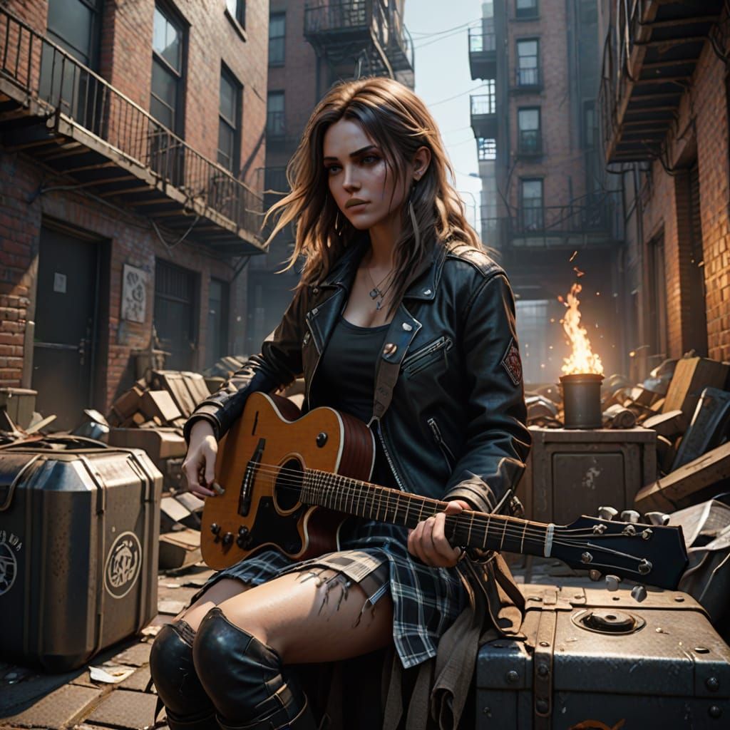 A faded color almost black and white detailed rendering of a grunge girl with long stringy hair (sitting on a ripped couch) with (her guitar...