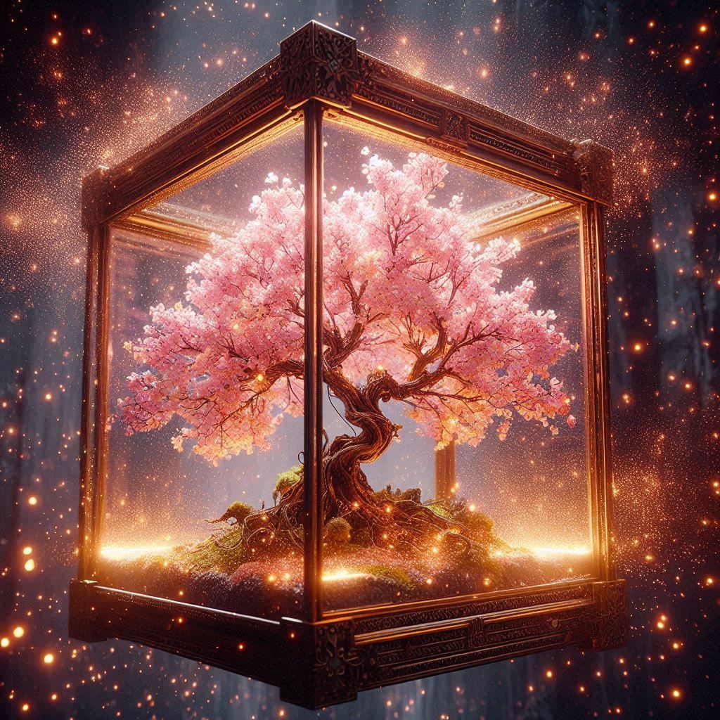 Bonsai Sakura in a glass cube