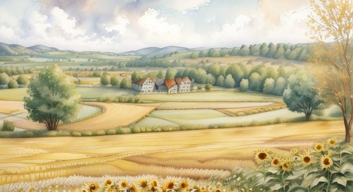 Rustic Village Watercolor in Warm Golden Light