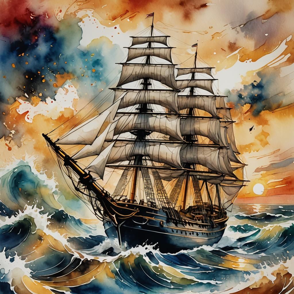 Turbulent Sunset: Abstract Expressionist Sailing Ship