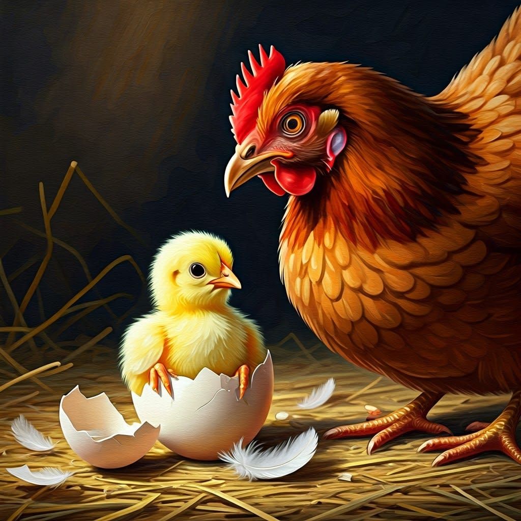 Mother Hen Watches Over Struggling Chick Embryo in Cozy Farm...