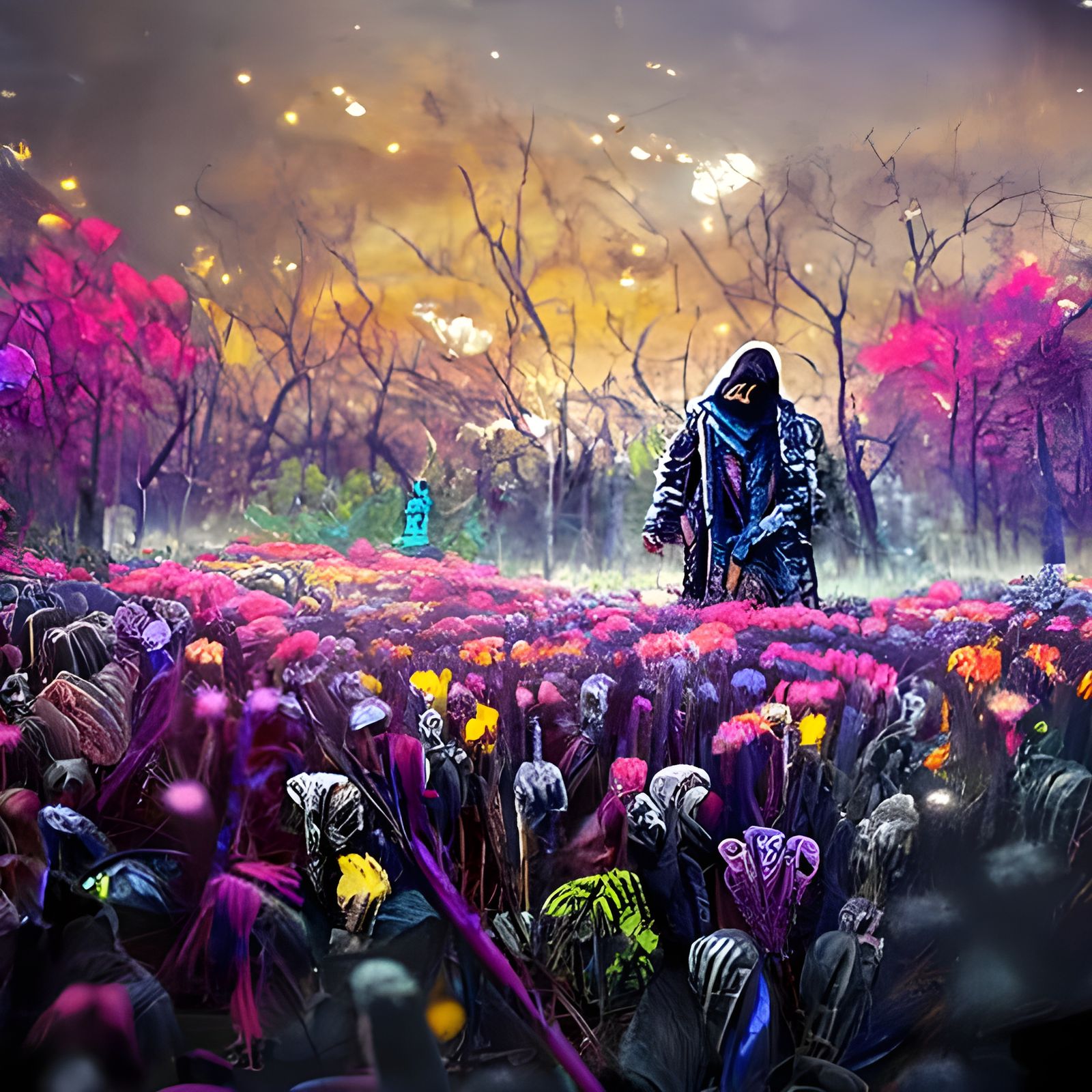 A Wanderer walks through a field of flowers