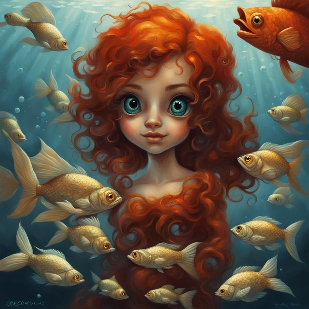 Little blue mermaid smiling at golden Fish.
