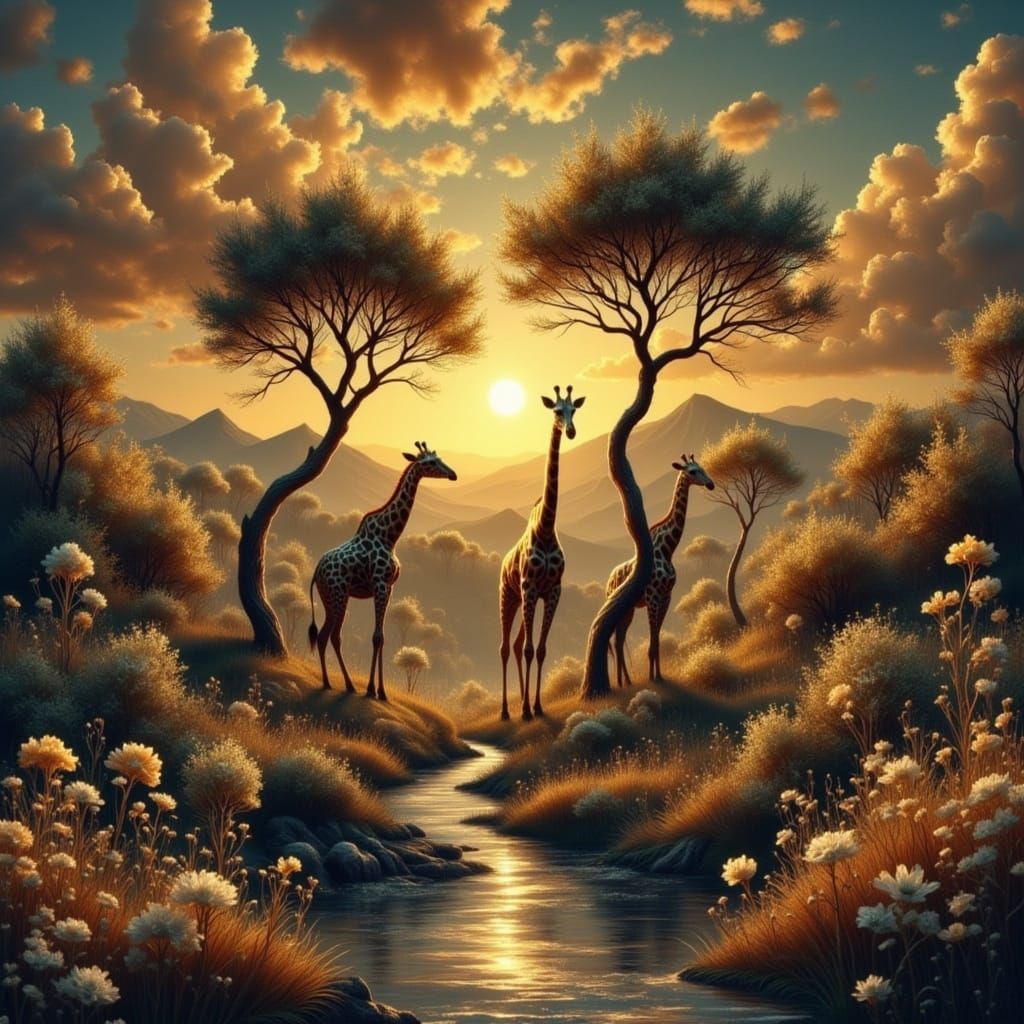 <lora:Fairy Lights:1.0> <lora:Exquisite Flux:1.0> <lora:Ethereal Magic Flux:1.0> <lora:Tolkienesque:1.0> two giraffes' silhouettes on a clea...