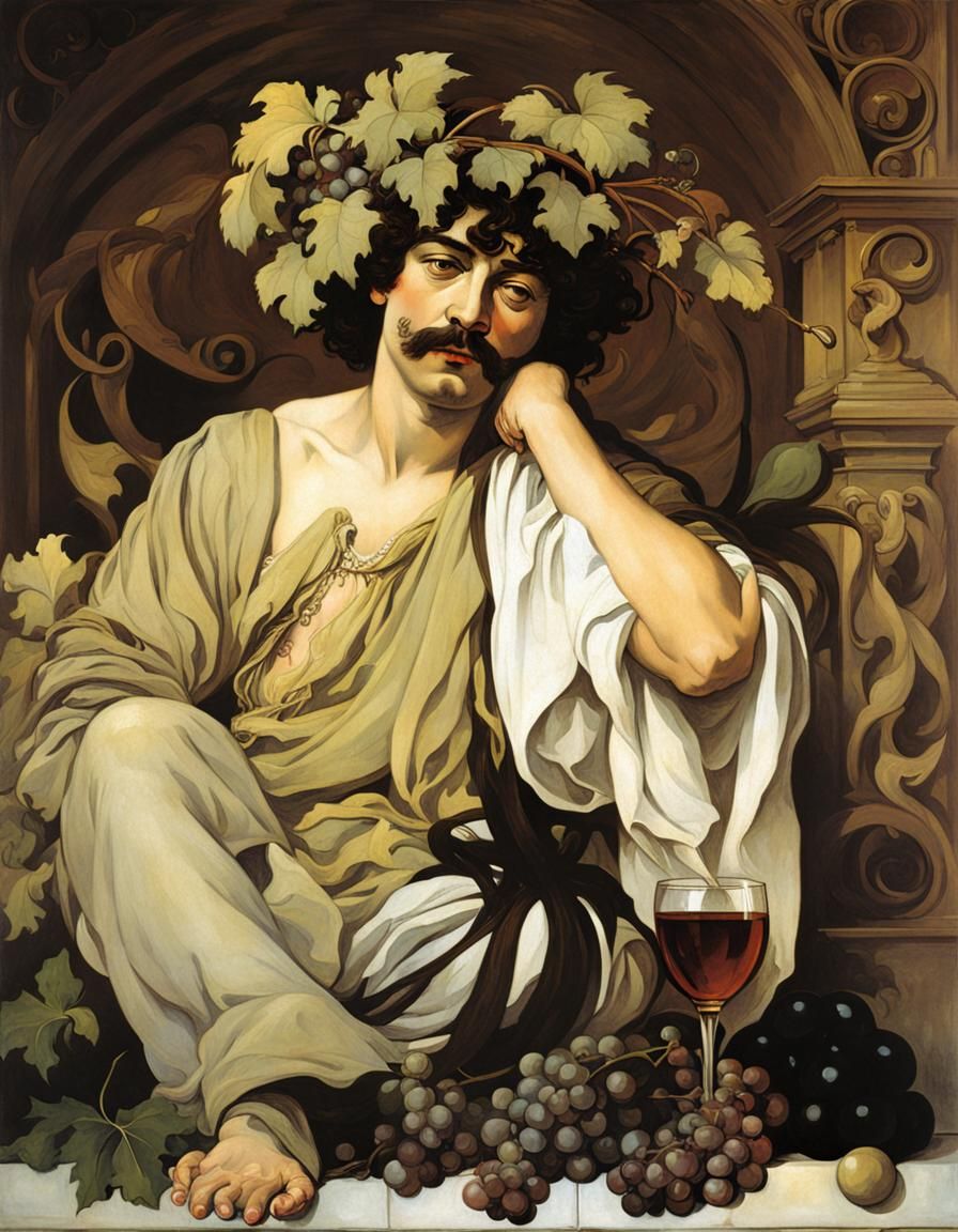 Bacchus by Caravaggio in Art Nouveau style by Alphonse Mucha