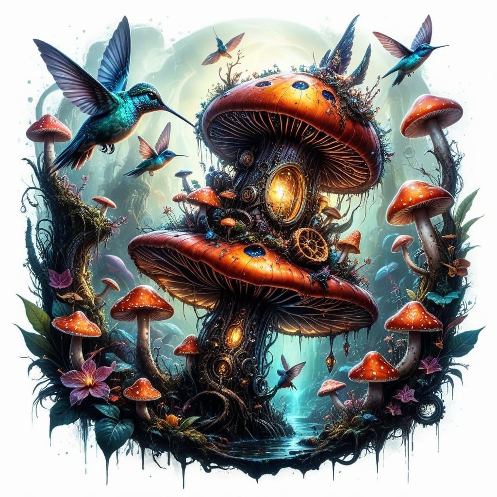 Biomechanical Hummingbird & Mushroom 🍄