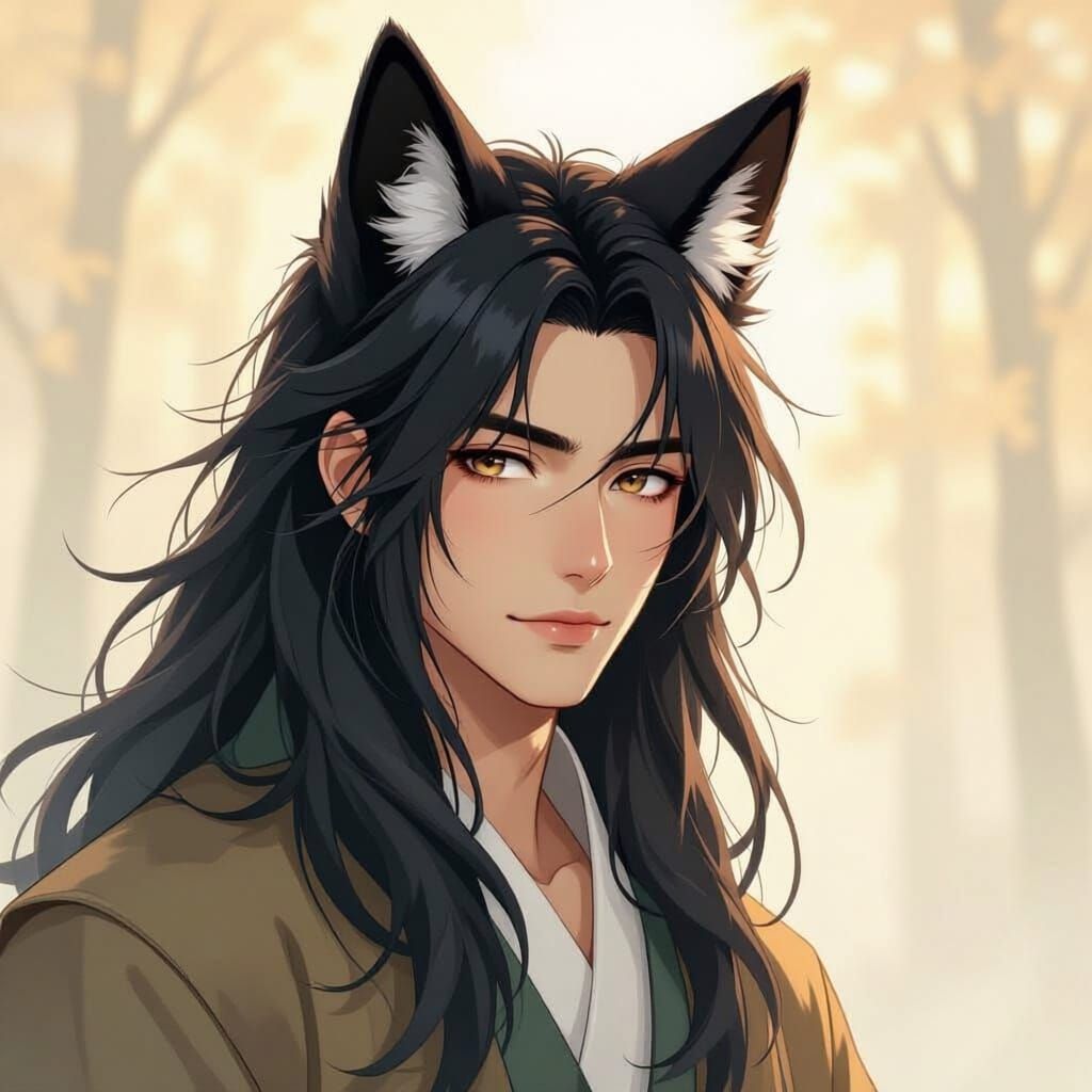  A handsome Japanese man kitsune with black fox ears and tail, his long hair framing his face rendered in the ethereal, dreamy watermark sty...