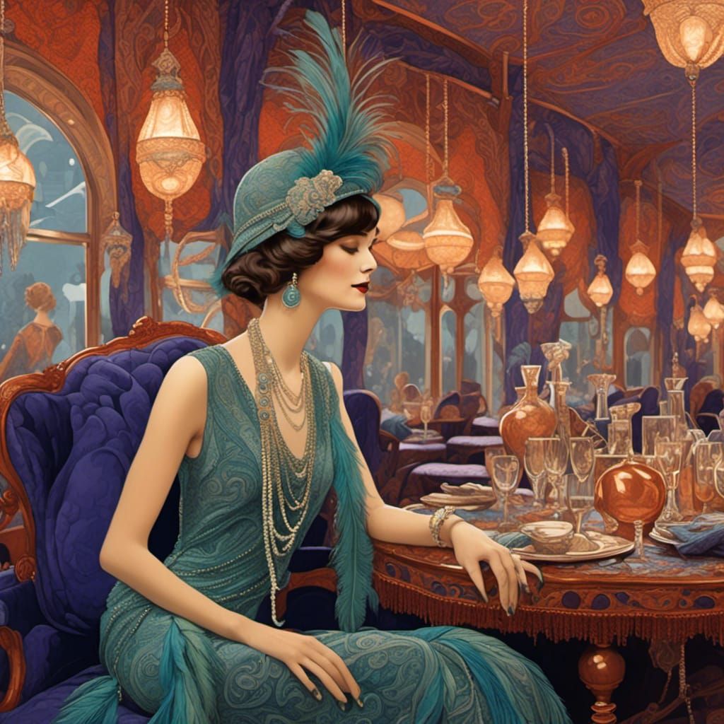 A beautiful woman with a paisley flapper dress <lora:Paisley Powers:1.0> 