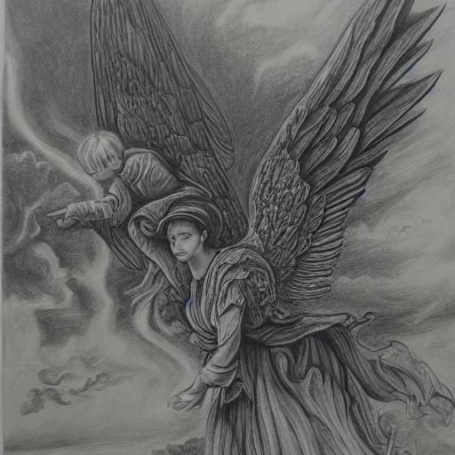 Double composition, an angel flies in the sky, sunny day