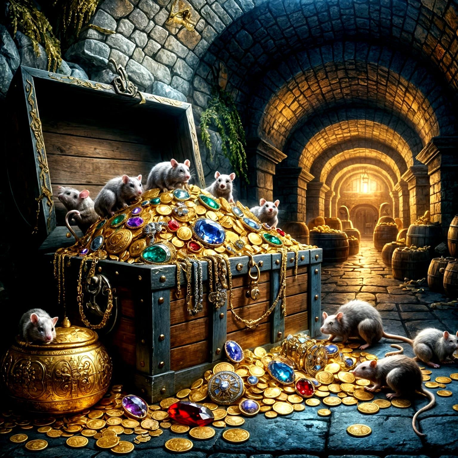 A huge treasure chest full of gold pieces in an old cellar vault   by @EHACKMANN 