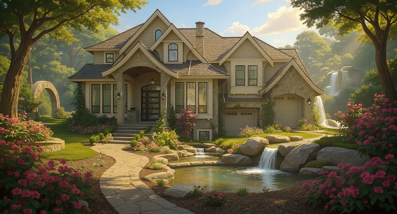 Transform the background, foreground, landscaping, yard, and plot of land surrounding this beautiful home with upscale luxurious landscaping...