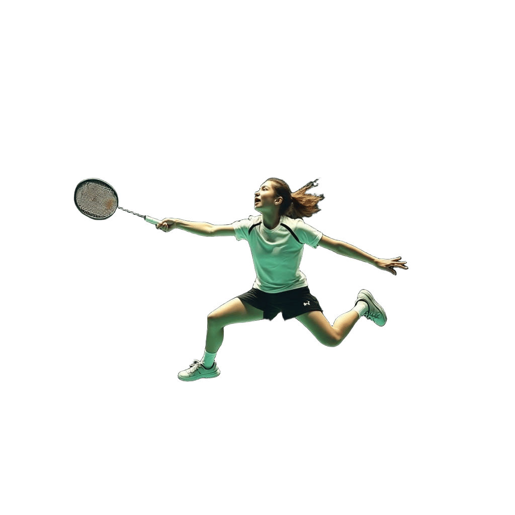 a french teenage badminton player executing a jump smash during a match