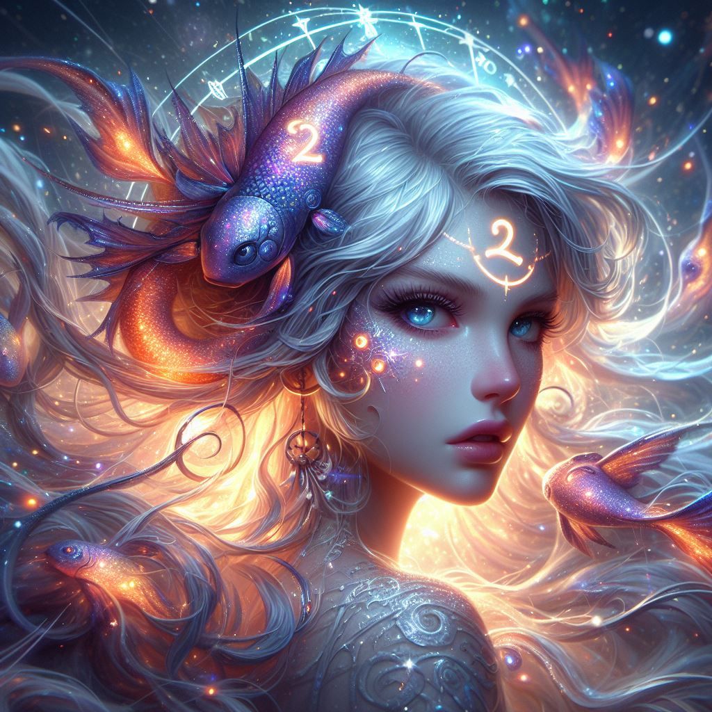 personification of the pisces zodiac horoscope, beautiful, 3D, glowing sparks, Awwchang Gil Elvgren Luis Royo Giger Ross...