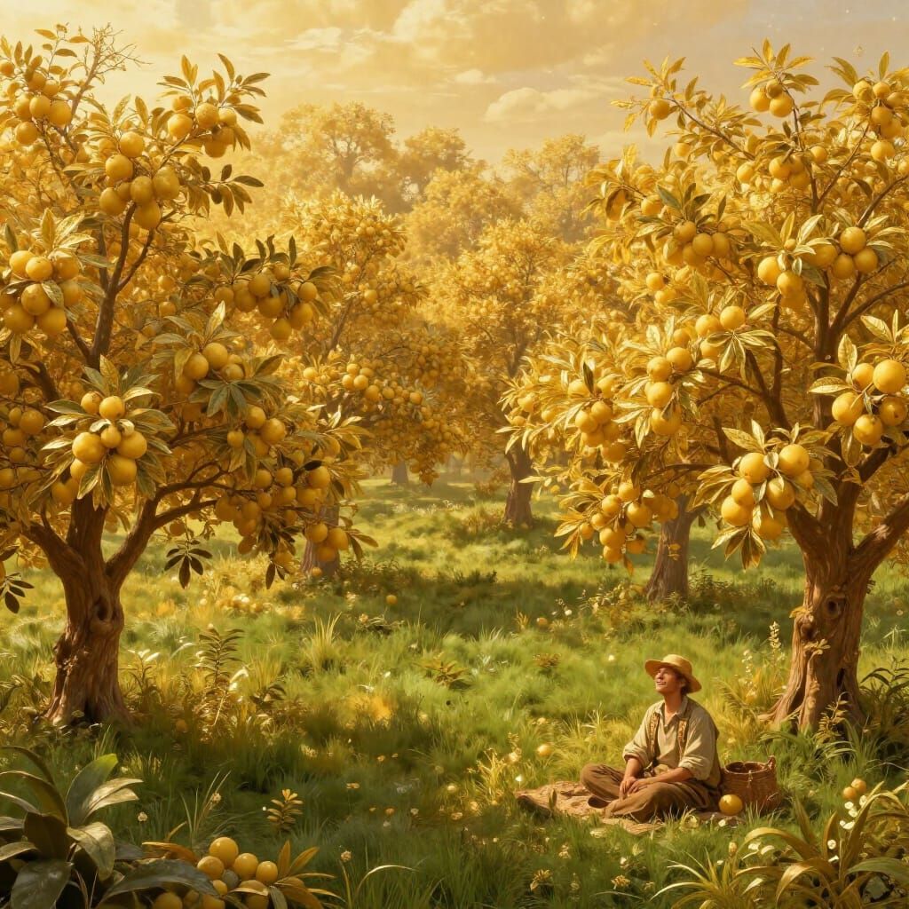 Golden Field with Fruit Trees and Smiling Gardener
