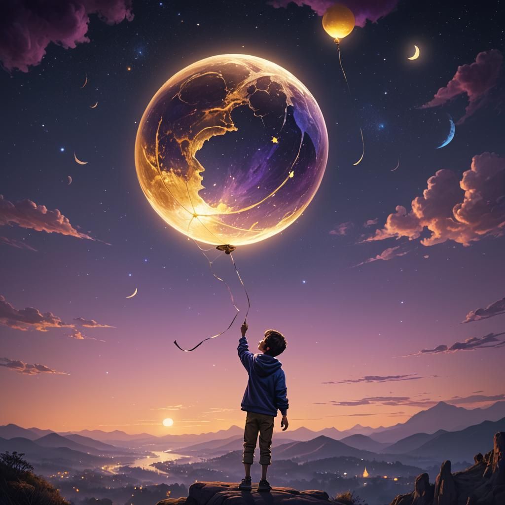 a boy holds the moon in the form of an inflatable balloon on a string  by @Amora