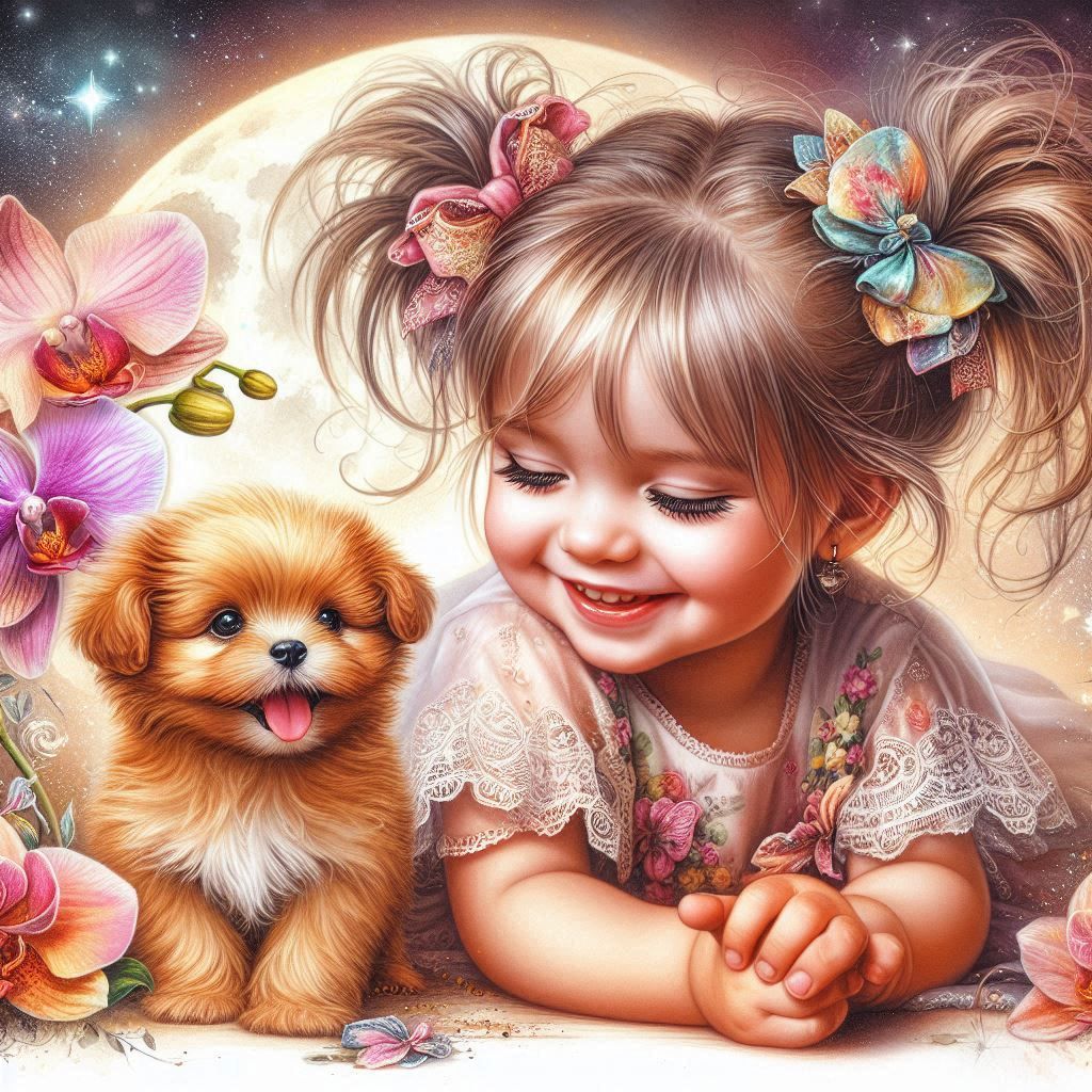 Fantasy cute little girl and her puppy