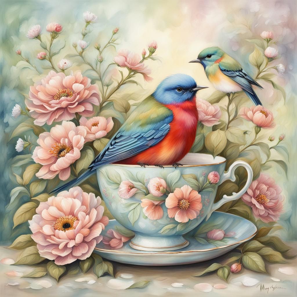 A painting of a  bird sitting on the edge of an floral teacu...