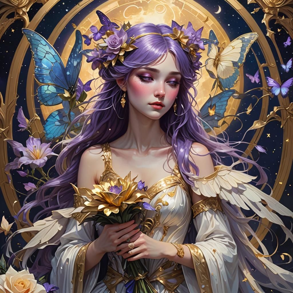 weeping fairy with iridescent   large wings wearing gold and...
