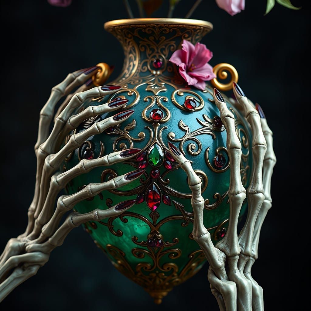 Macabre Floral Vase in Whimsical Fantasy Art Style