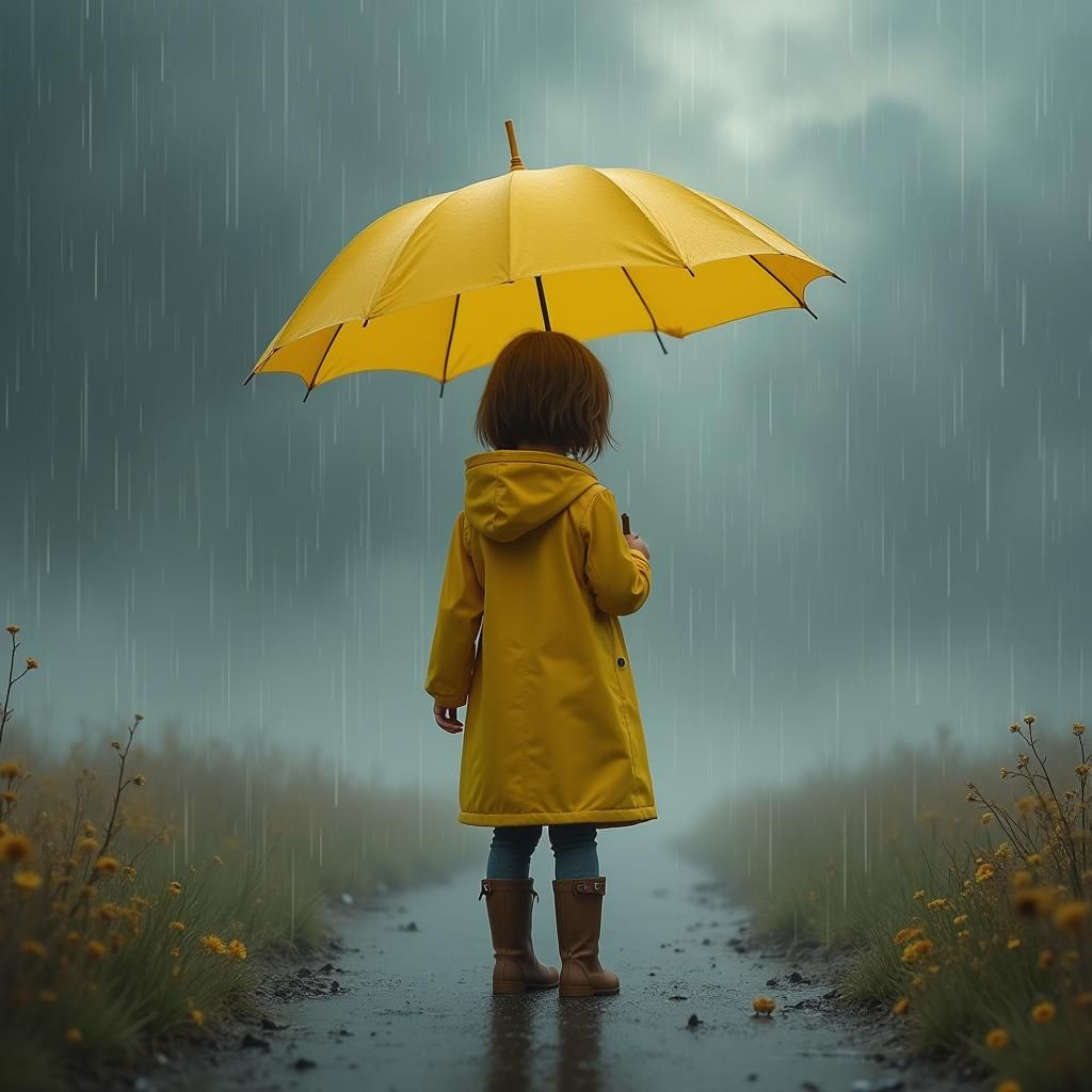 Girl in Yellow Raincoat in Atmospheric Landscape