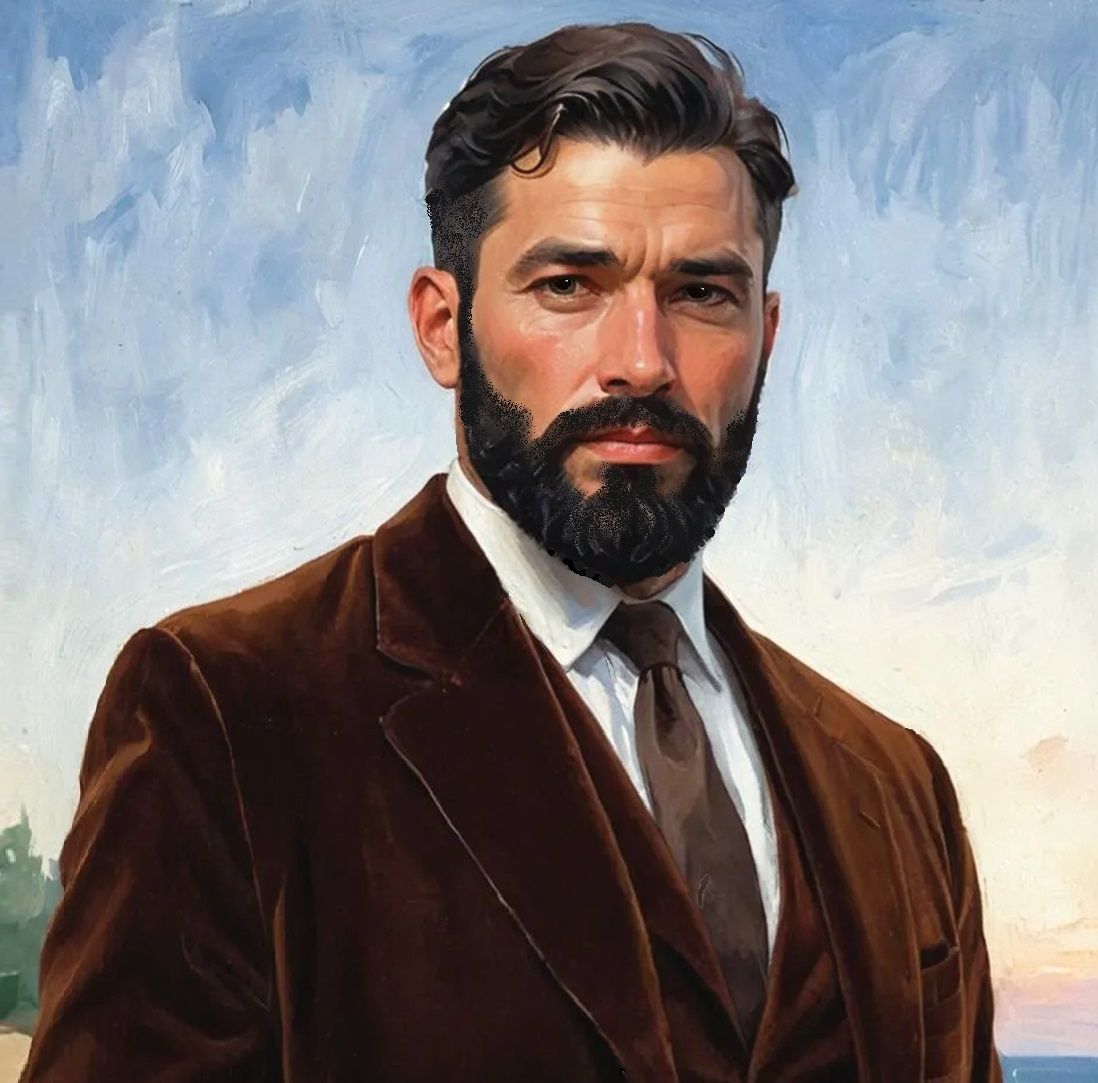 A handsome bearded gentleman wearing a brown velvet suit