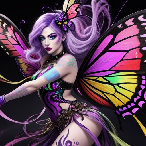 A stunningly gorgeous female butterfly dancer with long flowing rainbow colored hair hair, big glowing violet eyes, full black lipsticked li...