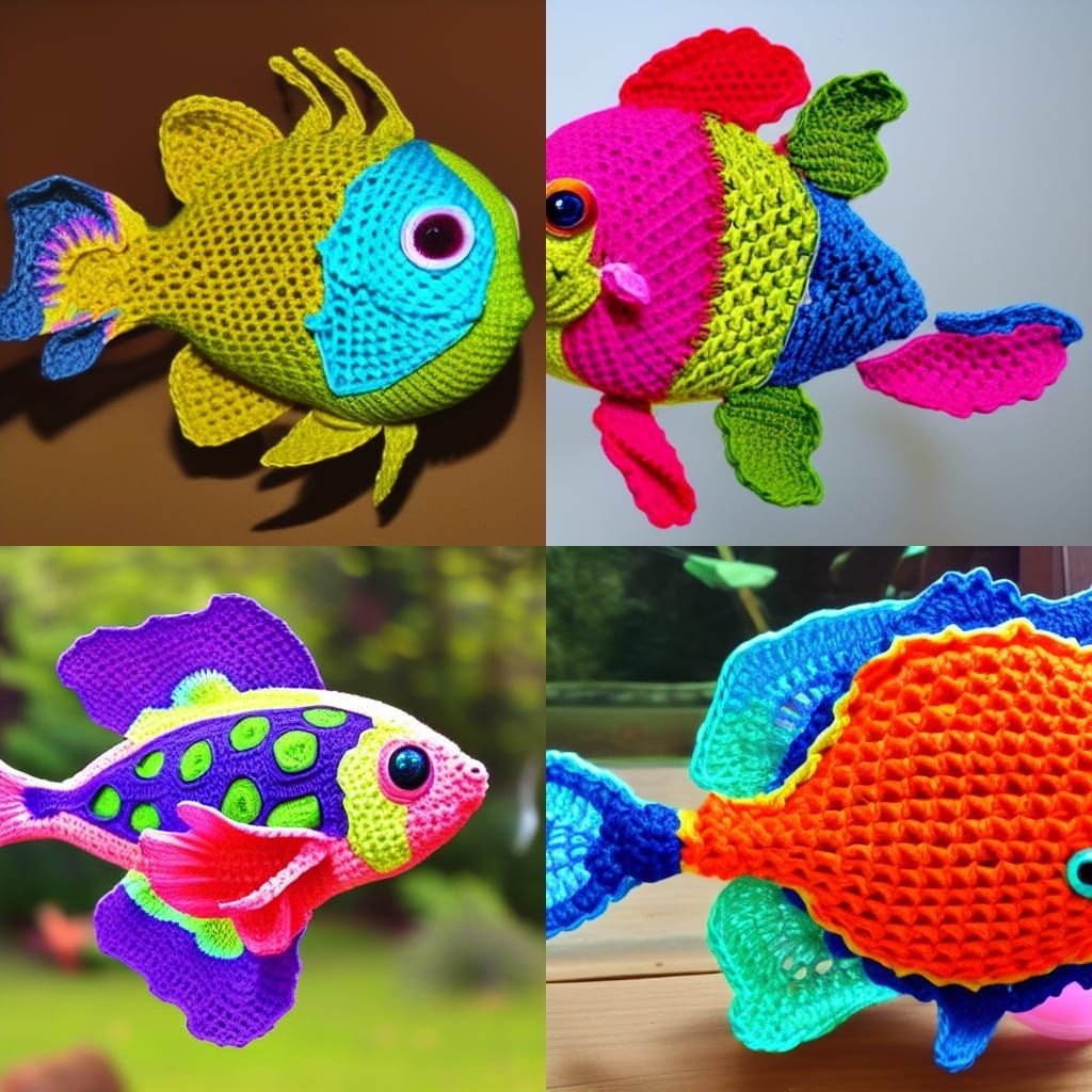 single crocheted exotic fish in water; bright colors AI Generated