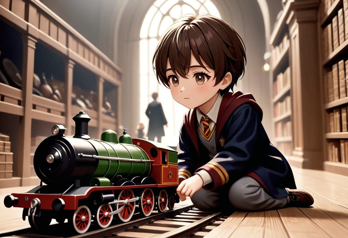 Harry Potter playing with a toy train