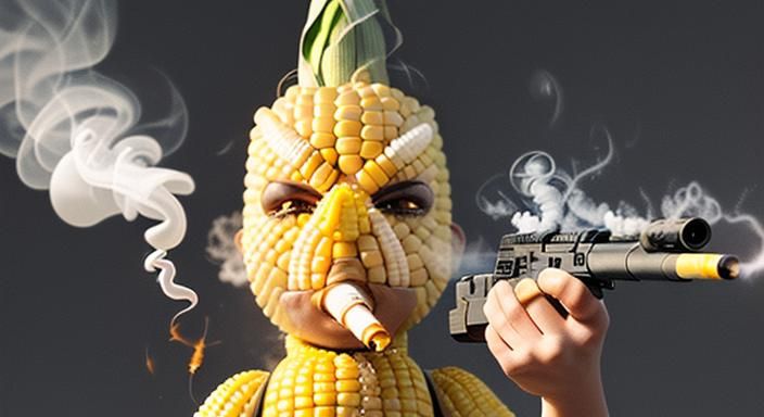 a corn with ears with a gun smoking a ciggarette