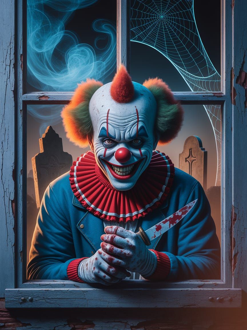 Sinister Clown Peering Through Cracked Window