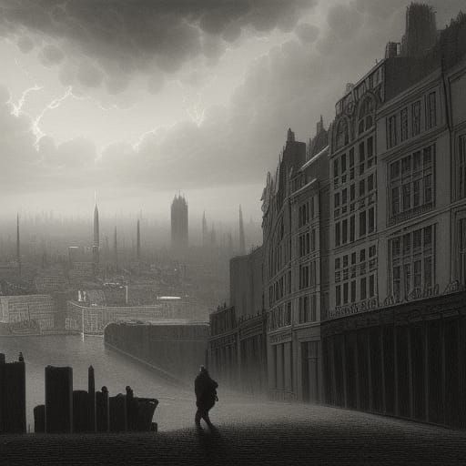 Noir London cityscape shot on side of hill in port city - AI Generated ...