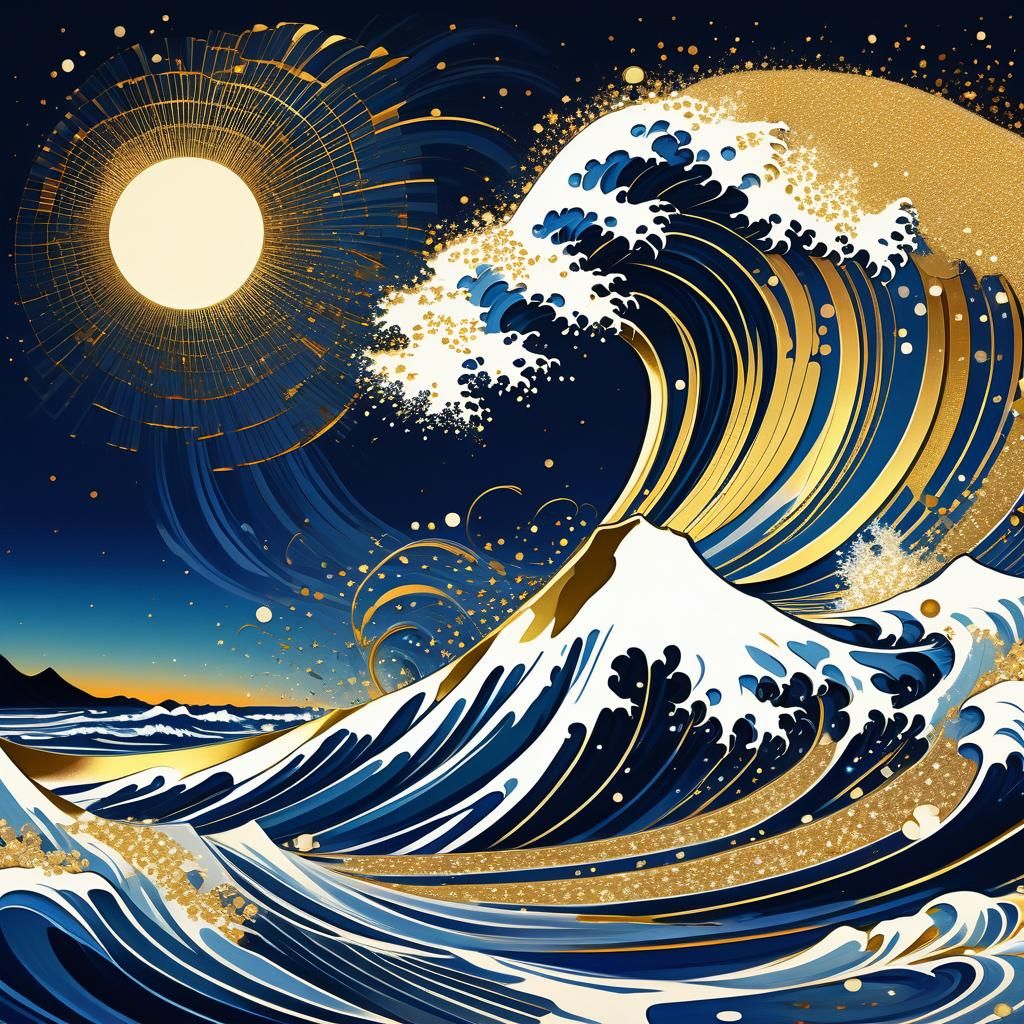 hokusai wave with spectacular sparkles
