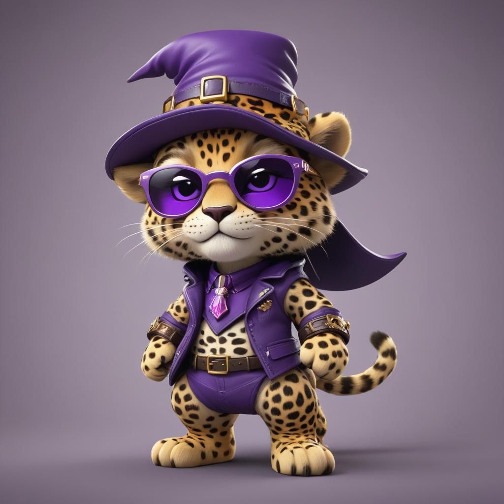 Cartoon cgi chibi leopard with sunglasses and purple witch h...