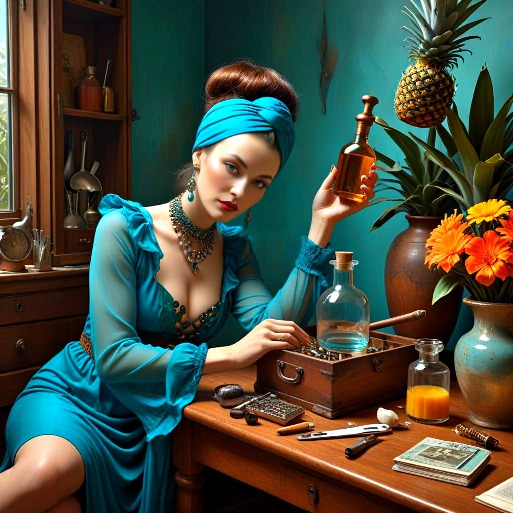 Eccentric Lady in Vibrant Surreal Landscape