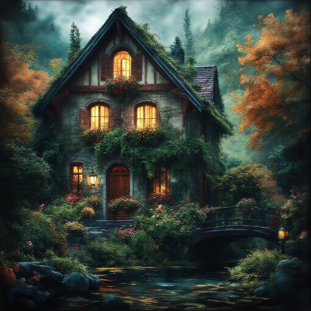 A  ornate Swiss Chalet with a moss-covered roof