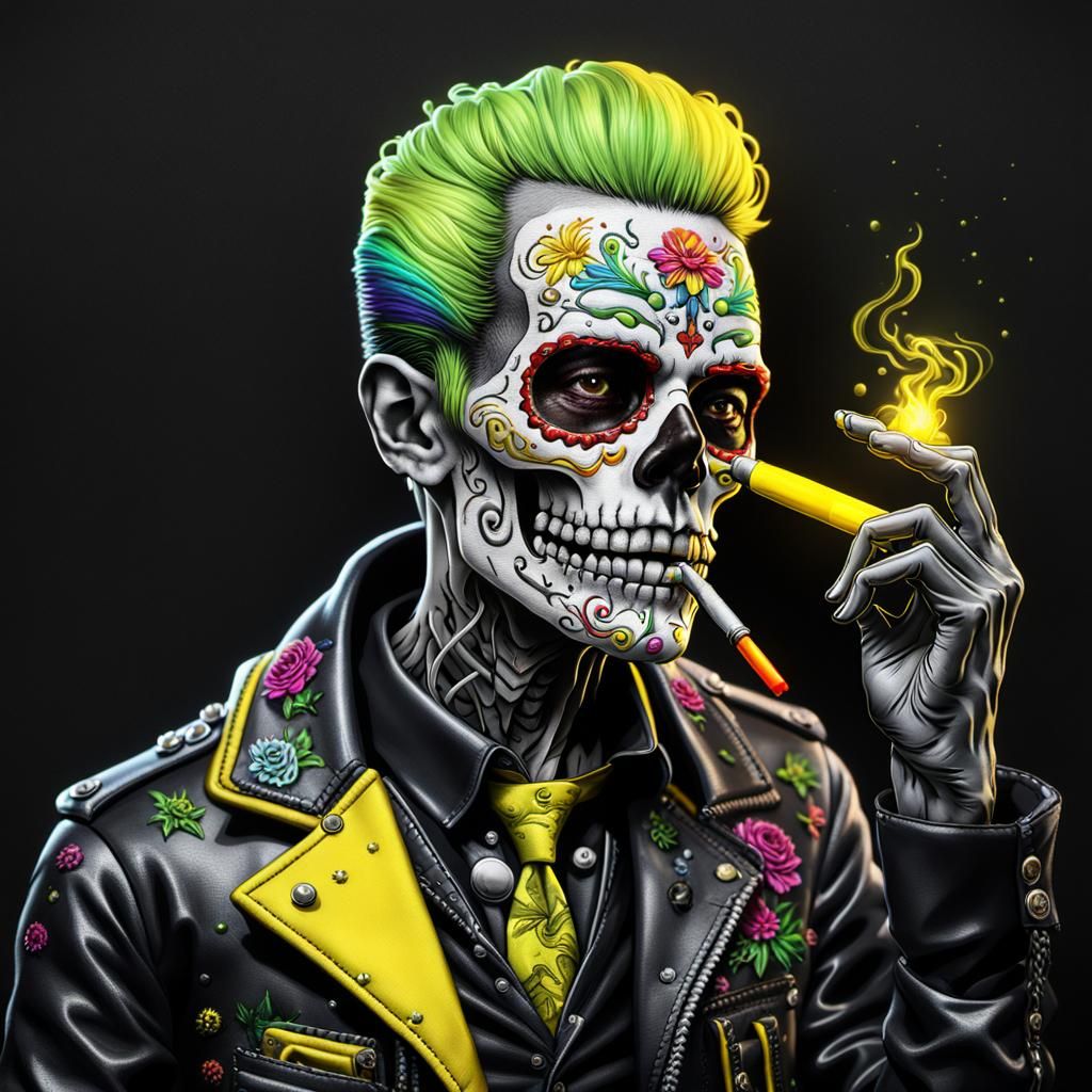 Black chrome rainbow 1941 Day of the Dead zombie man smoking...