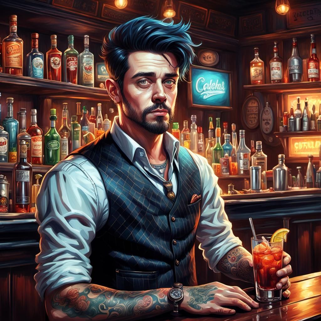 a bartender with dark short hair, hazel eyes, tattoos, mixing cocktails at the bar  by @Gaby
