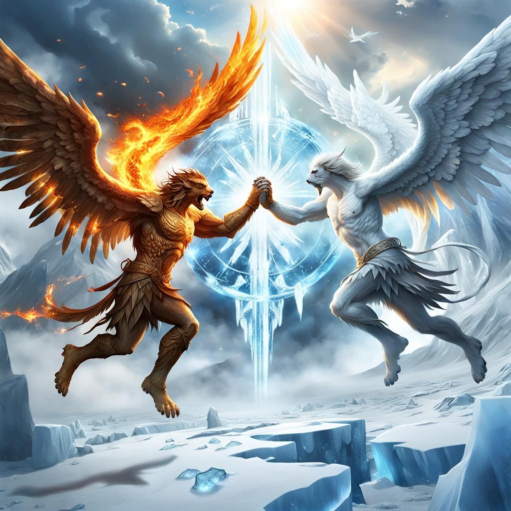 Angels fighting demons in a land of ice and fire, background...
