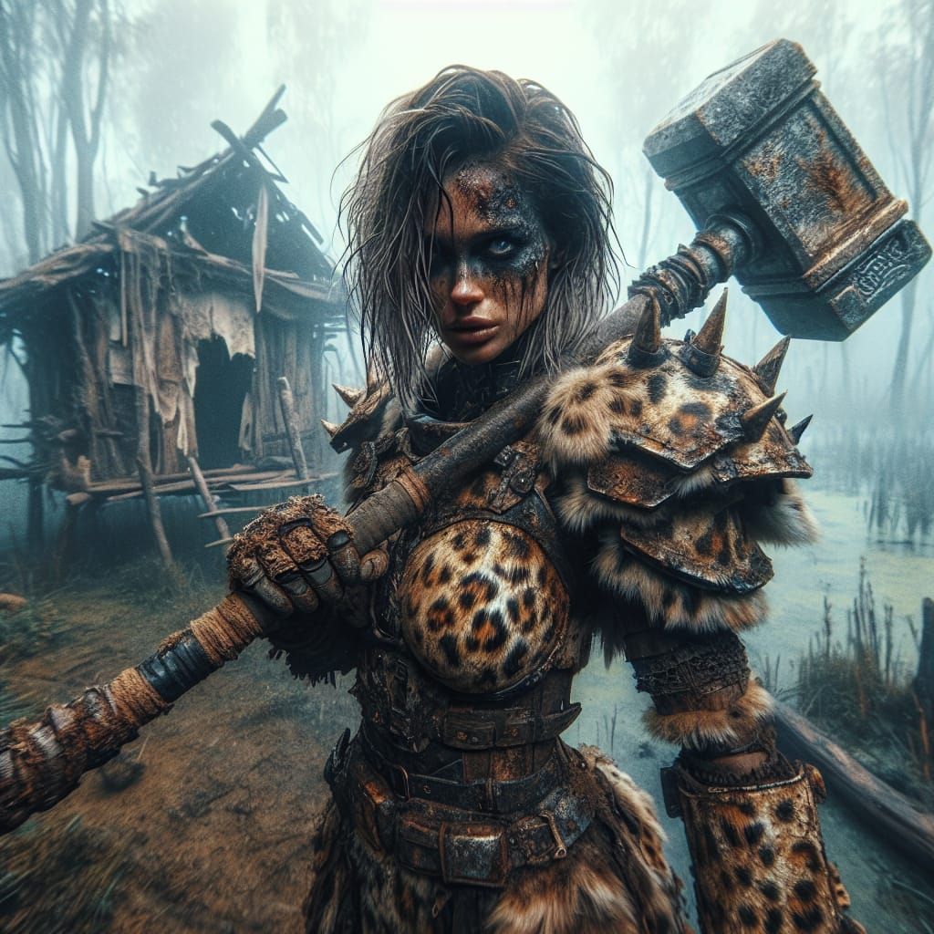 Dystopian Leopard Warrior with Battle Hammer