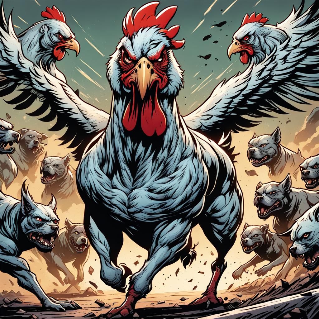 Muscled zombie chicken chasing pit bulls