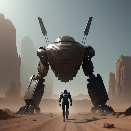 Sci-Fi Robot in Desert Landscape