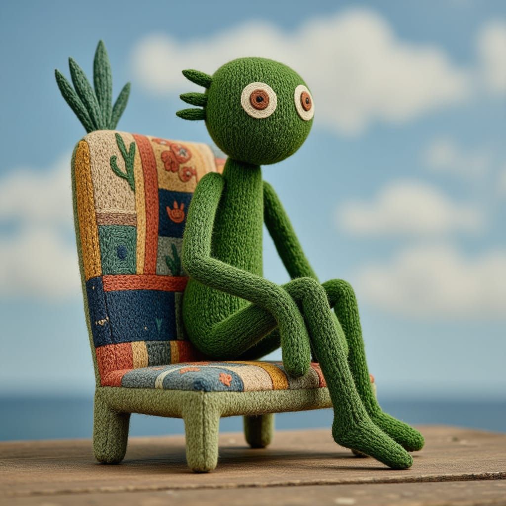 <lora:The Folkdream Set:1.0> A green toy animal with painted eyes sits on a patchwork chair, gazing at the sky. The character has stubby li...
